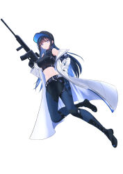 Rule 34 | 1girl, absurdres, bare shoulders, baseball cap, belt, black belt, black footwear, black gloves, black hat, black pants, black shirt, blue archive, blue eyes, blue hair, bocchi (kuropom7), boots, breasts, coat, commentary request, crop top, full body, gloves, grin, gun, hat, highres, holding, holding gun, holding weapon, large breasts, leggings, long hair, long sleeves, looking at viewer, midriff, navel, off shoulder, open clothes, open coat, pants, parted lips, saori (blue archive), shirt, simple background, sleeveless, sleeveless shirt, smile, solo, stomach, thighs, very long hair, weapon, white background, white coat