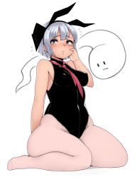 Rule 34 | 1girl, animal ears, black leotard, blue eyes, blush, breasts, fake animal ears, full body, ghost, highres, konpaku youmu, konpaku youmu (ghost), leotard, medium breasts, oozon (ozon), open mouth, pantyhose, perky breasts, pink pantyhose, playboy bunny, plump, rabbit ears, short hair, silver hair, sitting, solo, sweat, thick thighs, thighs, touhou, wariza, white background