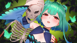 Rule 34 | 1girl, arm up, bare shoulders, blue hair, bug, butterfly, detached sleeves, double bun, dress, dutch angle, earrings, gradient hair, green butterfly, green hair, hair bun, hair ornament, highres, hololive, insect, jewelry, leaf, long sleeves, looking at viewer, multicolored hair, ootsuka you, open mouth, red eyes, skeleton, skull earrings, skull hair ornament, sleeveless, sleeveless dress, solo, upper body, uruha rushia, uruha rushia (1st costume), virtual youtuber, wide sleeves