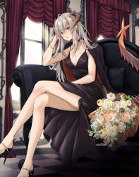Rule 34 | 1girl, absurdres, arknights, bare legs, black cape, black dress, breasts, brown eyes, cape, checkered floor, chiwa (chiwawanwan1206), cleavage, commentary request, curtains, dress, female focus, flower, high heels, highres, horns, indoors, large breasts, long hair, looking at viewer, parted lips, partial commentary, rose, saria (arknights), silver hair, sitting, solo, window