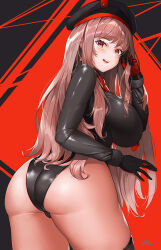 Rule 34 | 1girl, ass, beret, black gloves, black hat, black leotard, black thighhighs, blush, breasts, brown hair, cowboy shot, from behind, gloves, goddess of victory: nikke, hat, large breasts, leotard, long hair, looking at viewer, looking back, necktie, open mouth, orange eyes, rapi (nikke), red gloves, red necktie, skin tight, solo, teeth, thighhighs, thighs, two-tone gloves, upper teeth only, wookyung