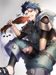 Rule 34 | 1boy, 1other, animal, asymmetrical bangs, belt, blue hair, bodysuit, bodysuit under clothes, braid, braided ponytail, capelet, child, closed mouth, clothing cutout, cu chulainn (fate), dog, earrings, eating, fangs, fate/grand order, fate/grand order arcade, fate (series), fgo moyashi, food, holding, holding food, hood, hood down, hooded capelet, jewelry, leg warmers, long hair, looking at viewer, male focus, meat, pants, ponytail, popped collar, puffy pants, puppy, red eyes, sandals, setanta (fate), signature, simple background, single braid, spiked hair, thigh cutout