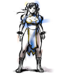 Rule 34 | 1girl, boots, bracelet, bun cover, capcom, china dress, chinese clothes, chun-li, double bun, dress, earrings, jewelry, legs, loincloth, pantyhose, ribbon, side (sideblog), sketch, solo, spiked bracelet, spikes, street fighter
