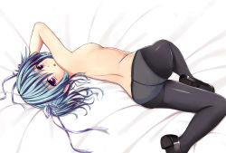 Rule 34 | 1girl, :o, absurdres, ass, back, bed, bed sheet, black pantyhose, blue hair, blush, crotch seam, female focus, flat chest, hair ribbon, highres, jangif, loafers, looking at viewer, looking back, lying, mashiroiro symphony, nipples, on side, panties, panties under pantyhose, pantyhose, purple eyes, ribbon, shoes, short hair, solo, topless, twintails, underwear, uryuu sakuno, white panties