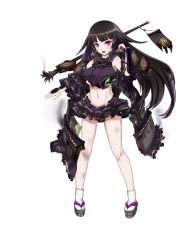 Rule 34 | 1girl, :o, artist request, bare shoulders, black hair, blush, breasts, broken, broken spear, broken weapon, detached sleeves, frilled skirt, frilled sleeves, frills, full body, holding, holding spear, holding weapon, large breasts, long hair, midriff, miniskirt, navel, official art, open mouth, oshiro project:re, oshiro project:re, polearm, purple eyes, sawayama (oshiro project), skirt, solo, spear, standing, torn clothes, transparent background, very long hair, weapon