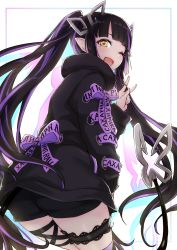 Rule 34 | :d, ass, black hair, blunt bangs, cross-laced clothes, cross-laced sleeves, highres, horns, jacket, jyaco, kojo anna, kojo anna (1st costume), leg ribbon, long hair, looking at viewer, looking back, multicolored hair, nanashi inc., one eye closed, open mouth, pointy ears, purple hair, purple thighhighs, ribbon, smile, solo, streaked hair, sugar lyric, thigh strap, thighhighs, thighs, twintails, two-tone hair, virtual youtuber, yellow eyes