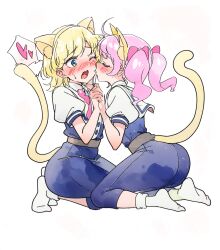 2girls absurdres ahoge ai-assisted animal_ear_fluff animal_ears aozora_himari ass blonde_hair blue_eyes blue_pants blush bow bowtie cat_ears cat_girl cat_tail closed_eyes commentary_request fake_animal_ears from_side full_body hair_bow hands_up heart highres himitsu_no_aipri holding_hands hoshikawa_mitsuki interlocked_fingers kemonomimi_mode licking licking_another&#039;s_face long_hair looking_at_another multiple_girls one_eye_closed or2_(sahr7857) pants pink_bow pink_hair pretty_series red_bow red_bowtie seiza shirt short_sleeves simple_background sitting socks speech_bubble spoken_heart sweatdrop tail tail_wagging twintails white_background white_shirt white_socks yuri