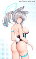 Rule 34 | 1girl, absurdres, animal ears, aqua eyes, artist name, ass, bare shoulders, blue archive, blush, breasts, from behind, grey hair, halo, highres, large breasts, leotard, long hair, looking at viewer, open mouth, ponytail, rabbit tail, shiny clothes, shiny skin, shiroko (blue archive), sideboob, smile, solo, tail, thigh strap, wrist cuffs, yolo generations