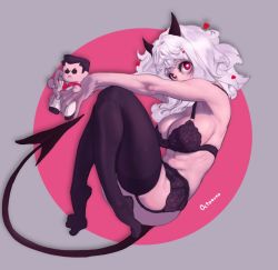 Rule 34 | 1girl, artist name, ass, black bra, black hair, black horns, black panties, black tail, bra, breasts, demon girl, demon horns, demon tail, doll, garter belt, gluteal fold, heart, heart-shaped pupils, helltaker, helltaker (character), holding, holding doll, horns, jacket, large breasts, legs together, lingerie, looking at viewer, modeus (helltaker), octorypo, panties, pants, red eyes, red shirt, round eyewear, shirt, signature, stuffed toy, sunglasses, symbol-shaped pupils, tail, thighhighs, thighs, underwear, white hair, white jacket, white pants