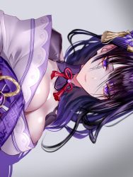 Rule 34 | 1girl, braid, breasts, cleavage, closed mouth, commentary request, flower, genshin impact, grey background, hair ornament, highres, japanese clothes, kimono, large breasts, long hair, looking at viewer, mole, mole under eye, obi, obiage, pottsness, purple eyes, purple flower, purple hair, raiden shogun, ribbon, sash, sideways, solo, tassel