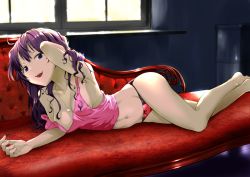 Rule 34 | 1girl, :d, arm behind head, arm up, armpits, bare arms, bare legs, barefoot, black bow, blue eyes, bow, bow panties, breasts, brown hair, cleavage, collarbone, couch, hair between eyes, hair over shoulder, heart, heart necklace, ichinose shiki, idolmaster, idolmaster cinderella girls, indoors, jewelry, kujou hyotarouo, long hair, looking at viewer, lying, medium breasts, navel, necklace, no bra, off shoulder, on side, open mouth, panties, pink tank top, red panties, smile, tank top, teeth, underwear, underwear only, upper teeth only, wavy hair, window