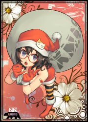 Rule 34 | 1girl, badge, boots, brown hair, button badge, christmas, dress, female focus, flower, from above, glasses, gloves, hat, heart, lvans, multicolored clothes, multicolored legwear, open mouth, original, patterned legwear, purple eyes, red-framed eyewear, red dress, red footwear, red gloves, red hat, sack, santa costume, santa hat, shoes, short hair, solo, strapless, strapless dress, striped clothes, striped thighhighs, tattoo, thighhighs, two-tone stripes