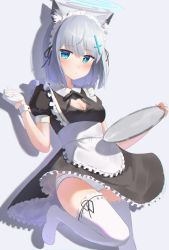Rule 34 | 1girl, alternate costume, animal ears, apron, blue archive, blue eyes, breasts, cleavage, cleavage cutout, clothing cutout, commentary request, cross hair ornament, enmaided, gloves, grey hair, hair between eyes, hair ornament, halo, highres, holding, holding tray, looking at viewer, maid, maid apron, maid headdress, medium breasts, mismatched pupils, panties, pantyshot, shiroko (blue archive), short hair, short sleeves, sidelocks, simple background, single glove, solo, standing, standing on one leg, takeroku, thighhighs, tray, underwear, white background, white gloves, white panties, white thighhighs, wolf ears, wolf girl, wrist cuffs