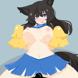Rule 34 | 1girl, animal ears, arms up, azaminn, big o pants, blue dress, blue skirt, blush, bouncing breasts, breasts, cheerleader, clothed sex, cowgirl position, crop top, dress, fox ears, fox girl, fox tail, girl on top, highres, large breasts, long hair, looking at viewer, miniskirt, pleated skirt, pom pom (cheerleading), purple eyes, sex, shirt, simple background, skirt, sleeveless, sleeveless shirt, steam, stomach, straddling, sweat, tail