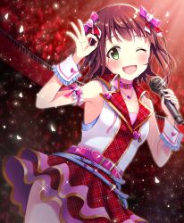 Rule 34 | 10s, 1girl, amami haruka, audience, bare shoulders, belt, blush, brown hair, collar, glowstick, green eyes, hair ribbon, highres, idolmaster, idolmaster (classic), idolmaster one for all, jewelry, looking at viewer, microphone, necklace, ok sign, open mouth, ribbon, serino itsuki, short hair, skirt, smile, solo focus, sweat, wrist cuffs