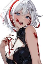 Rule 34 | 1girl, bare shoulders, blood, blood on face, blood on hands, blue eyes, breasts, cleavage, colored inner hair, fangs, hair between eyes, hair ornament, halloween, high collar, highres, honkai: star rail, honkai (series), large breasts, leotard, mirei-yume, multicolored hair, open mouth, red hair, shiny clothes, short hair, simple background, solo, streaked hair, topaz (honkai: star rail), vampire, white hair
