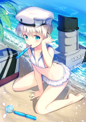 Rule 34 | 10s, 1girl, arm up, bare legs, beach, beret, between legs, bikini, bikini skirt, blue eyes, blush, bow, day, flat chest, food, food in mouth, hand between legs, hand in own hair, hat, hat bow, highres, kantai collection, kneeling, legs, looking at viewer, mouth hold, ocean, outdoors, popsicle, sailor bikini, sailor collar, short hair, silver hair, skirt, soles, solo, swimsuit, thighs, white bikini, white hat, white skirt, yan (nicknikg), z1 leberecht maass (kancolle)