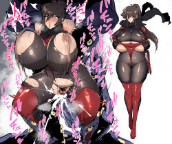 Rule 34 | 1boy, 1girl, black bodysuit, bodystocking, bodysuit, bouncing breasts, breast cutout, breastless bodysuit, breasts, cleavage cutout, clothing cutout, covered erect nipples, crotchless, crotchless bodysuit, excessive cum, female orgasm, furrowed brow, gauntlets, hanging breasts, heart, highres, huge breasts, motion lines, nipple slip, nipples, open mouth, orgasm, penis, plump, ponytail, pubic hair, red thighhighs, rolling eyes, scarf, sex, sex from behind, sidelocks, speech bubble, speed lines, spread legs, stomach, tagme, thick thighs, thighhighs, thighs, thirty 8ght, torn bodysuit, torn clothes, translation request, underboob cutout, white background
