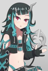 Rule 34 | 1girl, nanashi inc., belt, belt bra, black gloves, black hair, black jacket, black skirt, blue belt, blue hair, blush, chest belt, clothing cutout, commentary, cowboy shot, cropped jacket, cross-laced clothes, cross-laced sleeves, demon girl, demon horns, demon tail, fang, flat chest, full body, gloves, grey background, grey skirt, highres, horns, jacket, kusha (madoukusya12), layered skirt, long hair, long sleeves, looking afar, looking at viewer, midriff, multicolored hair, navel, open mouth, partially fingerless gloves, pointy ears, red eyes, shishio chris, shoulder cutout, simple background, skirt, solo, sugar lyric, tail, two-tone hair, virtual youtuber, zipper skirt