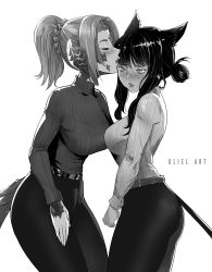 Rule 34 | 2girls, animal ear fluff, animal ears, artist name, au ra, warrior of light (ff14), blush, braid, breasts, cat ears, cat tail, closed eyes, closed mouth, commission, fictional persona, final fantasy, final fantasy xiv, greyscale, hair bun, hatching (texture), highres, horns, kiss, kissing forehead, long hair, miqo&#039;te, monochrome, multiple girls, ponytail, scales, simple background, single hair bun, tail, turtleneck, uliel, white background, yuri