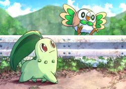 chikorita closed_mouth cloud commentary_request creatures_(company) day game_freak gen_2_pokemon gen_7_pokemon hill kotobukkii_(yt_lvlv) nintendo no_humans outdoors pokemon pokemon_(creature) rowlet sky smile standing traffic_barrier walking