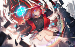 Rule 34 | 1girl, ahoge, blurry, blurry background, clenched teeth, collar, collarbone, cross hair ornament, explosion, hair between eyes, hair ornament, highres, jacket, layered shirt, leg tattoo, long hair, multicolored eyes, neck tattoo, one eye closed, open clothes, open jacket, original, qys3, red hair, shorts, sleeves past wrists, solo, tattoo, teeth, torn clothes, zipper pull tab
