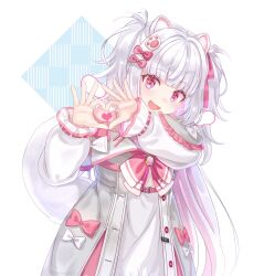 Rule 34 | 1girl, animal ears, belt, bow, coat, dog ears, dog girl, dog tail, dress, gram pico, grey coat, grey hair, hair bow, heart, heart hands, highres, kaname214, long hair, open clothes, open coat, open mouth, paw hair ornament, phase connect, phase connect jp, pink belt, pink bow, pink brooch, pink eyes, pink ribbon, ribbon, solo, tail, virtual youtuber, white bow, white dress