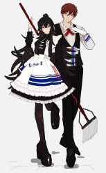 Rule 34 | 1boy, 1girl, apron, black dress, black footwear, black pantyhose, black vest, boots, dress, full body, highres, holding, holding mop, husband and wife, library of ruina, lowell (project moon), maid, mandarin collar, mop, pantyhose, platform boots, platform footwear, project moon, qi maid, simple background, vest, white apron, white background, xiao (project moon), yakumineg1