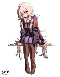 Rule 34 | 1girl, absurdres, arknights, black jacket, blue pants, blush, boots, brown footwear, commentary request, dated, feathered wings, feathers, gaoling gangqin, grey eyes, hair between eyes, head wings, highres, jacket, knee boots, long hair, looking at viewer, mulberry (arknights), pants, scarf, sitting, smile, solo, very long hair, white feathers, white hair, white scarf, white wings, wings
