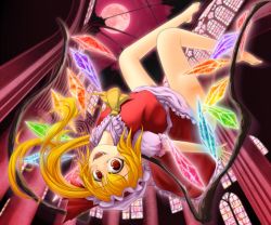 Rule 34 | 1girl, aaku, barefoot, crazy eyes, fangs, female focus, flandre scarlet, foreshortening, full moon, hat, md5 mismatch, mob cap, moon, resolution mismatch, solo, source larger, touhou, white hat