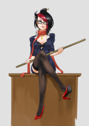 Rule 34 | 1girl, artist request, black bra, black hair, black thighhighs, blue eyes, bra, breasts, cleavage, crossed legs, fiora (league of legends), full body, glasses, high heels, jewelry, lace, lace-trimmed legwear, lace trim, league of legends, legs, lipstick, long bangs, looking at viewer, makeup, necklace, ponytail, punishment, red footwear, ruler, scarf, shoe dangle, short hair, simple background, sitting, solo, table, teacher, thighhighs, underwear, white background