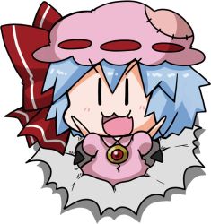 Rule 34 | &gt;:3, &gt;:d, 1girl, :3, :d, bat wings, blue hair, blush, bow, brooch, chibi, commentary, detached wings, dress, fourth wall, hat, hat bow, hat ribbon, jewelry, mob cap, noai nioshi, open mouth, patch, puffy short sleeves, puffy sleeves, remilia scarlet, ribbon, short hair, short sleeves, simple background, smile, solo, touhou, v-shaped eyebrows, white background, wings, | |