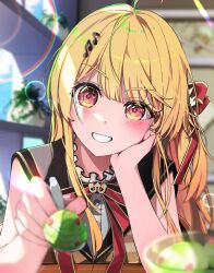 Rule 34 | 1girl, absurdres, ahoge, blonde hair, blush, brown dress, dress, food, fortissimo, hair ornament, hair ribbon, head rest, highres, holding, holding spoon, hololive, hololive dev is, ice cream, long hair, looking at viewer, musical note, musical note hair ornament, one side up, otonose kanade, red eyes, red ribbon, ribbon, sinrin uo, smile, solo, spoon, virtual youtuber