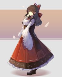 Rule 34 | 1girl, alternate costume, black footwear, boots, bow, breasts, brown background, brown eyes, brown hair, brown sash, commentary request, falken (yutozin), frilled bow, frills, full body, grey background, hair bow, hair tubes, hakurei reimu, hand on own chin, hand up, highres, long hair, long sleeves, looking at viewer, medium breasts, obi, one-hour drawing challenge, petticoat, red bow, red skirt, ribbon-trimmed sleeves, ribbon trim, sash, shadow, shirt, sidelocks, skirt, solo, standing, touhou, two-tone background, white shirt, wide sleeves