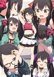 Rule 34 | 1girl, ^ ^, absurdres, animal print, armpits, bespectacled, black choker, black hair, blush, choker, closed eyes, collage, commentary request, crop top, depressed, expressions, glasses, hair ornament, hair ribbon, hairclip, highres, hugging own legs, idolmaster, idolmaster cinderella girls, idolmaster cinderella girls u149, knees up, leopard print, looking at viewer, matoba risa, multiple views, presenting armpit, ribbon, smile, swept bangs, thighhighs, twintails, v-shaped eyebrows, yukie (kusaka shi)