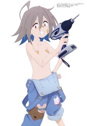 Rule 34 | 1girl, absurdres, ahoge, bandaid, bandaid on face, bandaids on nipples, blush, breasts, brown hair, collarbone, do it yourself!!, drill, hand on own hip, highres, looking at viewer, navel, no bra, overalls, pasties, power drill, power tool, red eyes, short hair, simple background, small breasts, smile, solo, sumimoto etsuko, third-party edit, white background, yua serufu