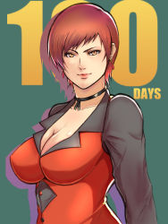 Rule 34 | 1girl, black dress, breasts, brown eyes, brown hair, buttons, choker, cleavage, closed mouth, collarbone, commentary request, dress, earrings, grey background, highres, jewelry, lips, long sleeves, looking at viewer, medium breasts, shiny skin, short hair, smile, solo, ta-chun, the king of fighters, the king of fighters &#039;96, upper body, vice (kof)