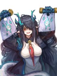 Rule 34 | 1girl, :d, arknights, arms up, black coat, black hair, breasts, coat, commentary, dress, dusk (arknights), english commentary, hair over one eye, highres, holding, holding scroll, horns, large breasts, long hair, looking at viewer, necktie, open clothes, open coat, open mouth, orange eyes, pointy ears, pyramide, red necktie, scroll, simple background, smarty (arknights), smile, solo, tail, upper body, very long hair, white background, white dress