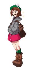 Rule 34 | 1girl, :d, backpack, bag, bob cut, boots, brown bag, brown eyes, brown footwear, brown hair, buttons, cable knit, cardigan, commentary, creatures (company), dress, full body, game freak, gloria (pokemon), green hat, green socks, grey cardigan, hands in pockets, happy, hat, highres, hooded cardigan, knees, marnie (marnielovesyou), nintendo, open mouth, pink dress, plaid socks, pokemon, pokemon swsh, short hair, simple background, smile, socks, solo, standing, tam o&#039; shanter, teeth, upper teeth only, white background