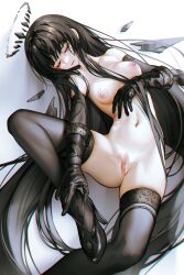 Rule 34 | 1girl, arknights, black footwear, black gloves, black hair, black halo, black thighhighs, blush, breasts, censored, closed eyes, detached wings, elbow gloves, energy wings, foot out of frame, gloves, halo, high heels, highres, iumu, long hair, lying, mole, mole under eye, mosaic censoring, navel, nipples, nude, on back, paid reward available, pale skin, parted lips, pussy, simple background, small breasts, smile, solo, thighhighs, very long hair, virtuosa (arknights), white background, wings