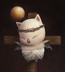 Rule 34 | bat wings, bound, bound arms, cross, crown of thorns, crucifixion, final fantasy, final fantasy xiv, highres, jesus, mini wings, moogle, no humans, oikvw, parody, robe, signature, simple background, square enix, white robe, wings