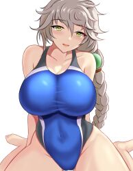 Rule 34 | 1girl, asymmetrical hair, blush, braid, breasts, competition swimsuit, grey hair, hair ornament, highres, kantai collection, large breasts, long hair, looking at viewer, montemasa, one-piece swimsuit, open mouth, single braid, sitting, smile, solo, swimsuit, unryuu (kancolle), very long hair, wariza, white hair, yellow eyes