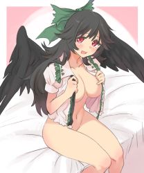 Rule 34 | 1girl, bed, black hair, black wings, blush, bottomless, bow, breasts, collarbone, hair bow, large breasts, long hair, looking at viewer, navel, no bra, no panties, on bed, open clothes, open shirt, pine (pine-box), red eyes, reiuji utsuho, shirt, sitting, smile, solo, thighs, touhou, wings
