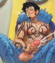 Rule 34 | 1boy, abs, arm tattoo, artist name, black hair, blue pants, blush, cape, chest tattoo, commentary, cum, denim, earrings, ejaculation, english commentary, erection, facial hair, finger tattoo, fur cape, goatee, hand tattoo, handjob, highres, jeans, jewelry, looking at viewer, male focus, male masturbation, masturbation, multiple boys, muscular, muscular male, nipples, one piece, open fly, orgasm, pants, pectorals, penis, penis piercing, piercing, polar tang, prince albert, rollo (kuyuen1), short hair, shoulder tattoo, sitting, smile, solo, stomach, submarine, tattoo, teeth, testicles, thighs, topless, trafalgar law, watercraft, yaoi, yellow eyes