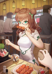 Rule 34 | 1girl, 4boys, a dream, absurdres, angry, bow, bowl, brown hair, china dress, chinese clothes, chopsticks, cup, double bun, dress, eating, fang, food, food request, frown, glasses, green bow, green eyes, grey-framed eyewear, hair bow, hair bun, highres, holding, holding cup, indoors, long hair, looking at viewer, mug, multiple boys, original, pov, semi-rimless eyewear, short sleeves, shrug (clothing), sitting, solo focus, trembling, under-rim eyewear, white dress, yakitori