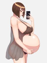 Rule 34 | 13otsu, 1girl, absurdres, babydoll, big belly, blunt bangs, blush, bob cut, bra, breasts, brown eyes, brown hair, cellphone, cleavage, curvy, gluteal fold, hand on own stomach, heart, highres, huge breasts, large breasts, looking at phone, mature female, original, outie navel, panties, phone, pregnant, shiny skin, short hair, sidelocks, sitting, smartphone, solo, thick thighs, thighs, underwear, veiny stomach, white background, wide hips