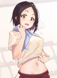 Rule 34 | 1girl, blush, breasts, brown eyes, brown hair, brown shirt, clothes lift, commentary request, dumbbell nan kilo moteru?, forehead, heavy breathing, highres, lifting own clothes, looking at viewer, medium breasts, midriff, mole, mole under eye, navel, open mouth, parted bangs, red shorts, shirt, shirt lift, short hair, short sleeves, shorts, solo, tachibana satomi, tapioka (oekakitapioka), towel, towel around neck