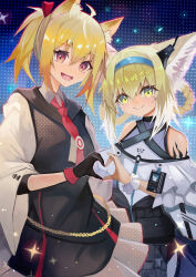 Rule 34 | 2girls, absurdres, animal ear fluff, animal ears, aqua hairband, arknights, black dress, black gloves, blonde hair, closed mouth, dress, earpiece, fox ears, fox girl, gloves, green eyes, hair between eyes, hair rings, hairband, haru torimaru, heart, heart hands, heart hands duo, highres, id card, looking at viewer, material growth, multiple girls, necktie, open mouth, oripathy lesion (arknights), red eyes, red necktie, short hair, short twintails, single wrist cuff, smile, sora (arknights), suzuran (arknights), twintails, white wrist cuffs, wolf ears, wrist cuffs