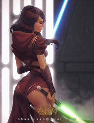 Rule 34 | 1girl, ass, blue lightsaber, copyright name, email address, energy sword, female focus, green lightsaber, jedi, lightsaber, shadzior, solo, star wars, sword, tagme, weapon