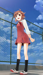 Rule 34 | 1girl, :d, ahoge, aoba tsugumi, arm grab, arms behind back, black socks, blue sky, blush, bow, bowtie, brown eyes, brown hair, chain-link fence, cloud, collared shirt, day, dress, female focus, fence, full body, hand on own arm, holding own wrist, ikeda jun (mizutamari), kannagi, kneehighs, legs, lens flare, looking at viewer, open mouth, outdoors, red bow, red bowtie, red dress, rooftop, school uniform, shadow, shirt, shoes, sky, sleeveless, sleeveless dress, smile, socks, solo, standing, tareme, uwabaki, wing collar